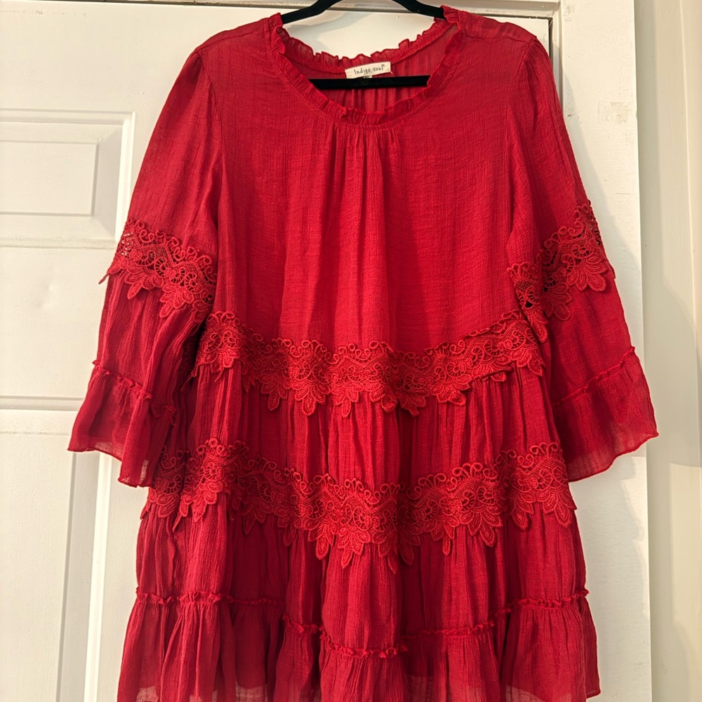 indigo soul Red Tiered Lace-Trim Blouse